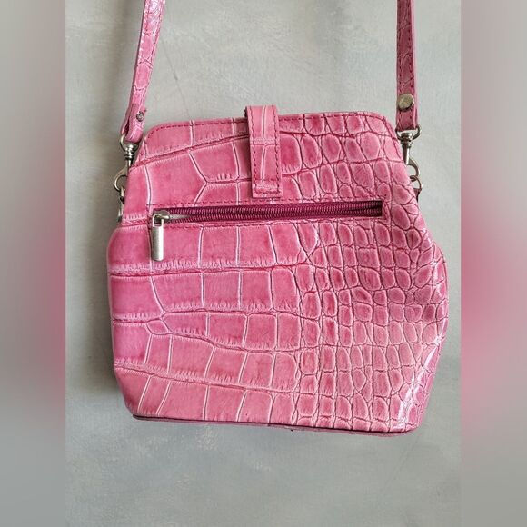 Pink Alligator Croc Embossed Small Leather Bag Made in Italy 8 x 8 - Picture 14 of 16